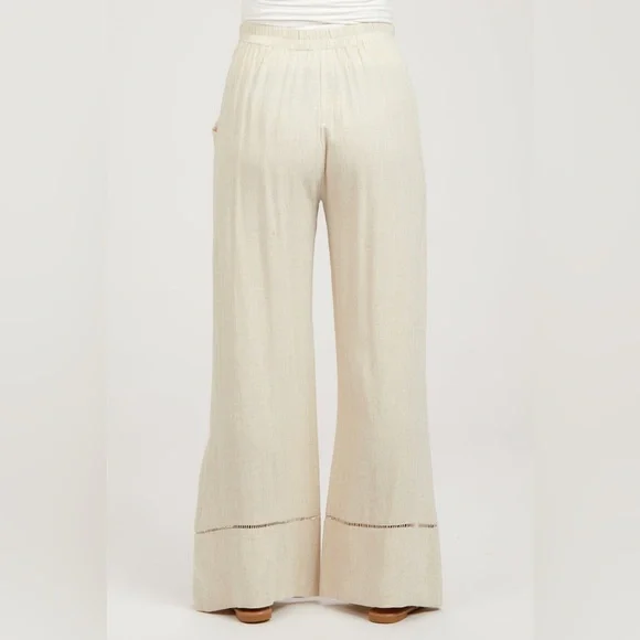 NWOT Umgee High Waisted Beige Linen Wide Leg Crochet Detail Pants Size L - Picture 2 of 7